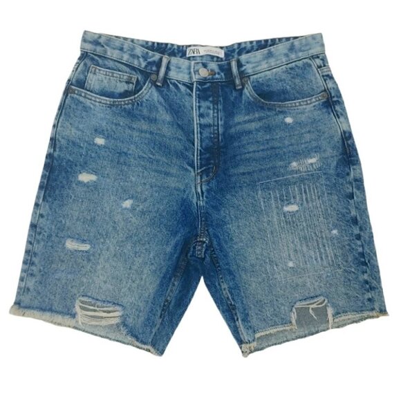 NWT ZARA button fly high waist distressed raw hems relaxed fit denim sho… - Picture 3 of 16